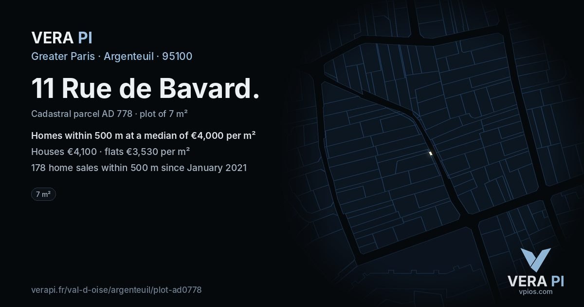 11 Rue de Bavard, Argenteuil at night – the plot lit, the parcels around coloured by the prices near them