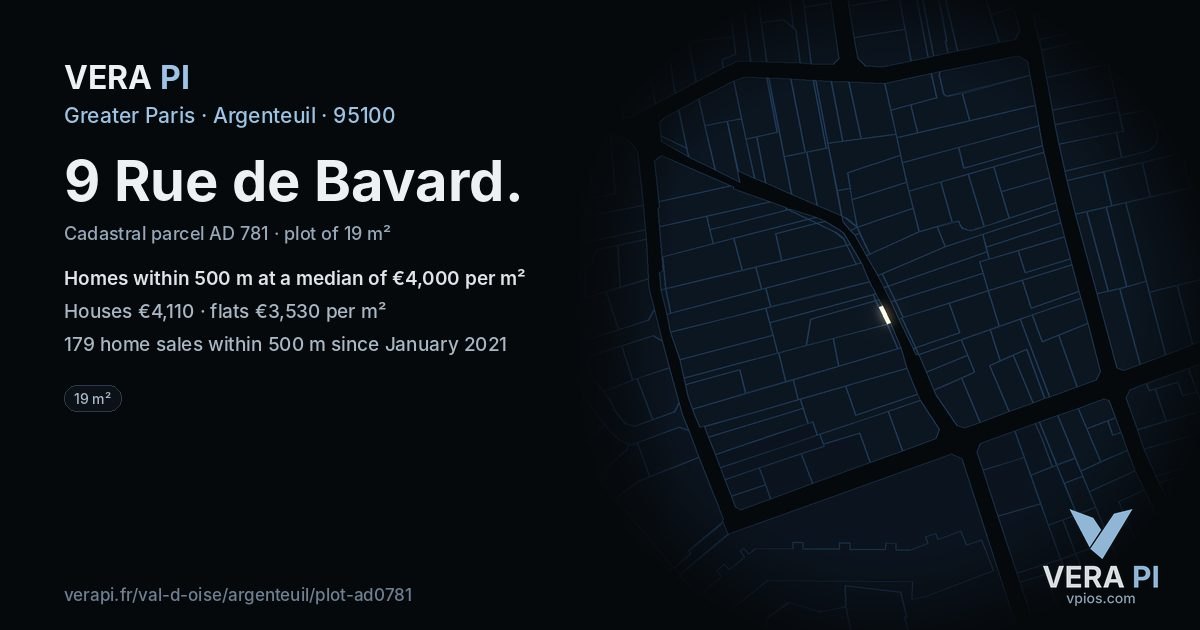 9 Rue de Bavard, Argenteuil at night – the plot lit, the parcels around coloured by the prices near them