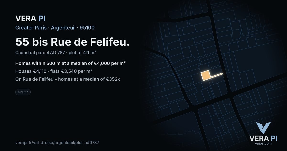 55 bis Rue de Felifeu, Argenteuil at night – the plot lit, the parcels around coloured by the prices near them