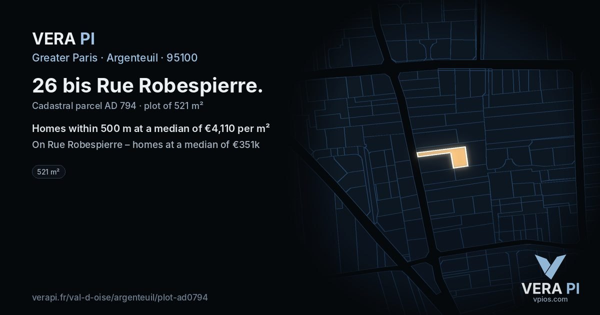26 bis Rue Robespierre, Argenteuil at night – the plot lit, the parcels around coloured by the prices near them