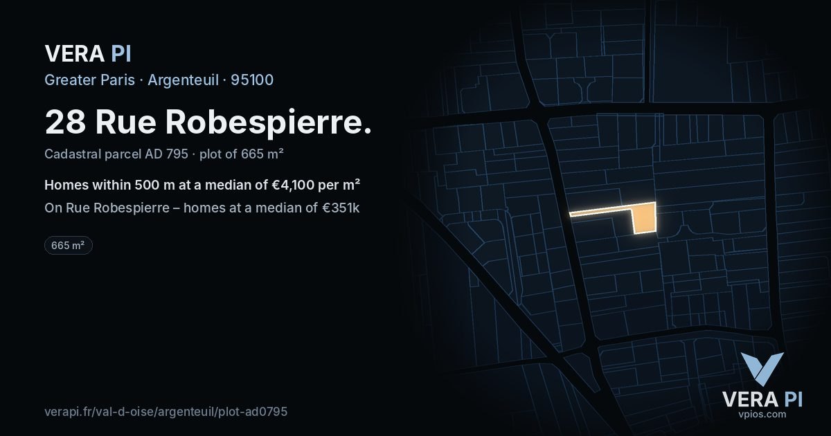 28 Rue Robespierre, Argenteuil at night – the plot lit, the parcels around coloured by the prices near them