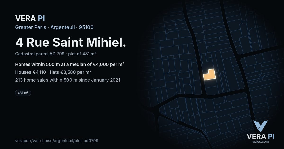 4 Rue Saint Mihiel, Argenteuil at night – the plot lit, the parcels around coloured by the prices near them