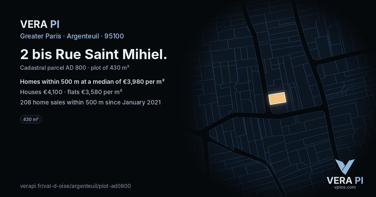 2 bis Rue Saint Mihiel, Argenteuil at night – the plot lit, the parcels around coloured by the prices near them