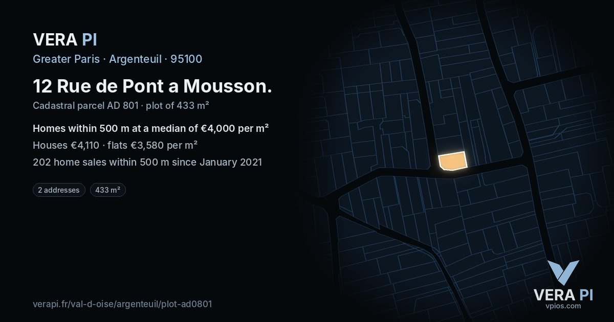 12 Rue de Pont a Mousson, Argenteuil at night – the plot lit, the parcels around coloured by the prices near them