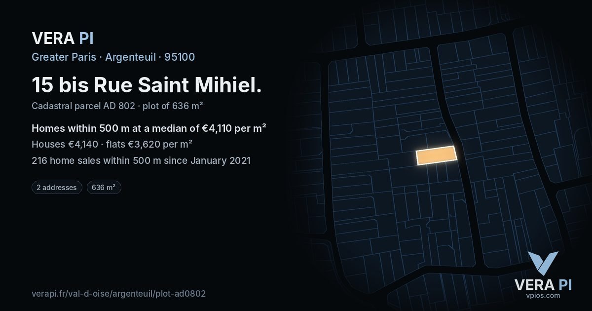 15 bis Rue Saint Mihiel, Argenteuil at night – the plot lit, the parcels around coloured by the prices near them