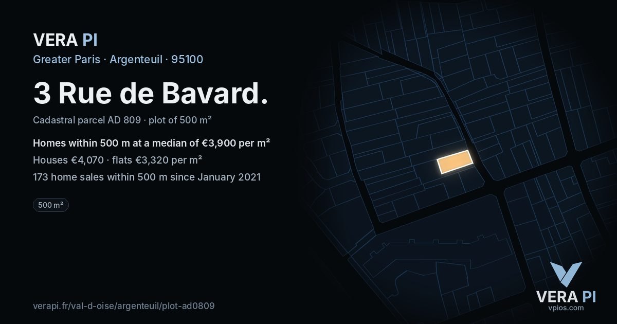 3 Rue de Bavard, Argenteuil at night – the plot lit, the parcels around coloured by the prices near them