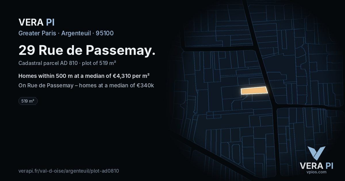 29 Rue de Passemay, Argenteuil at night – the plot lit, the parcels around coloured by the prices near them