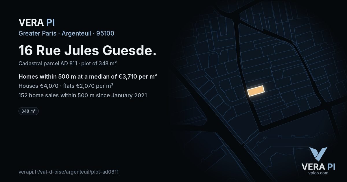 16 Rue Jules Guesde, Argenteuil at night – the plot lit, the parcels around coloured by the prices near them