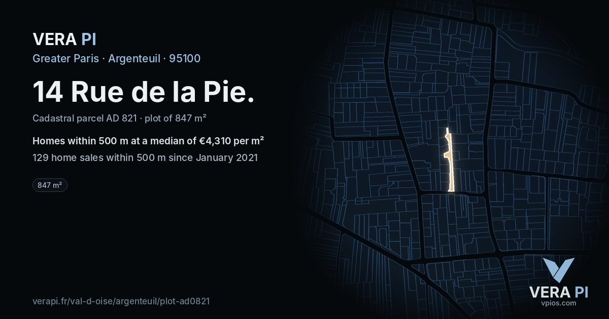 14 Rue de la Pie, Argenteuil at night – the plot lit, the parcels around coloured by the prices near them