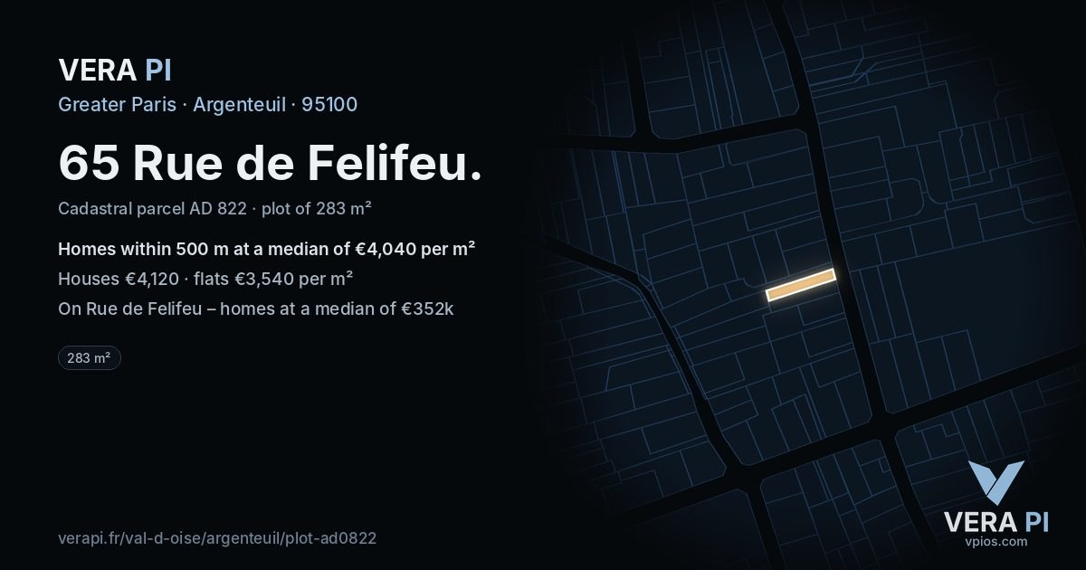 65 Rue de Felifeu, Argenteuil at night – the plot lit, the parcels around coloured by the prices near them