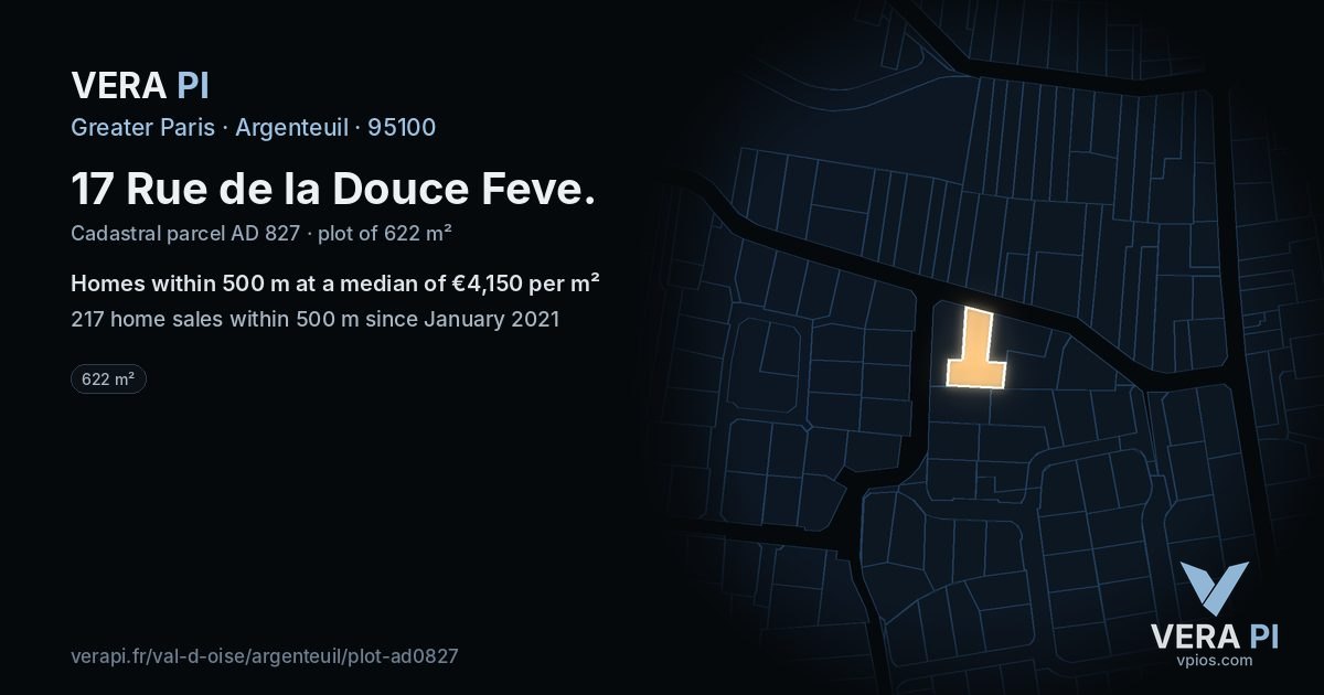 17 Rue de la Douce Feve, Argenteuil at night – the plot lit, the parcels around coloured by the prices near them