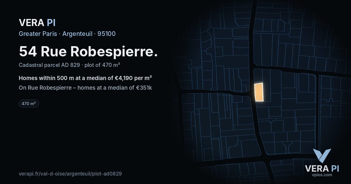54 Rue Robespierre, Argenteuil at night – the plot lit, the parcels around coloured by the prices near them