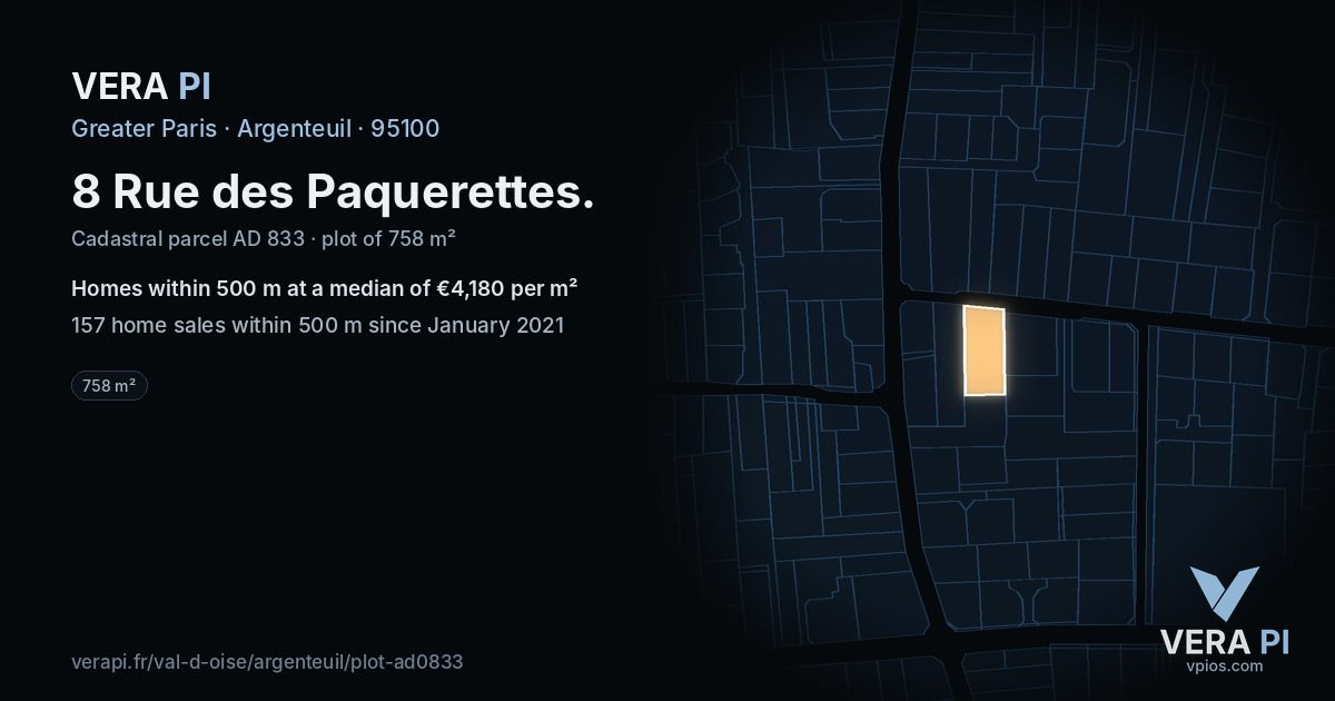 8 Rue des Paquerettes, Argenteuil at night – the plot lit, the parcels around coloured by the prices near them