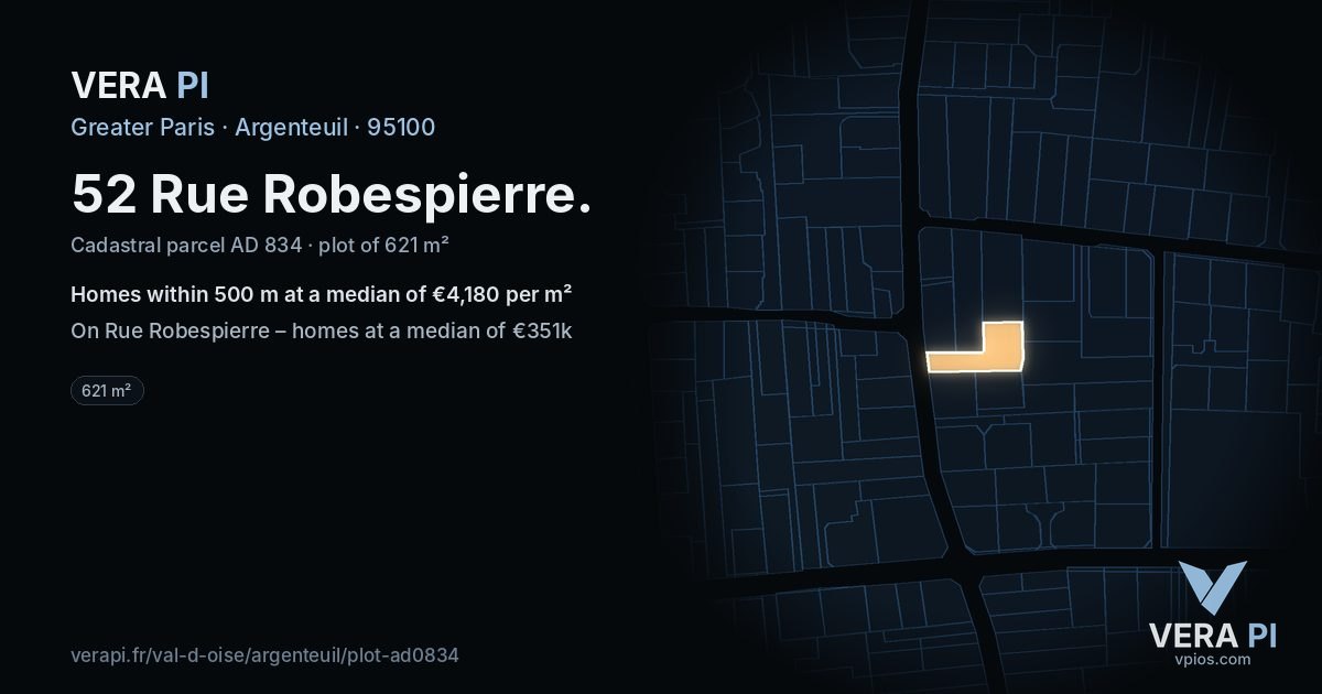 52 Rue Robespierre, Argenteuil at night – the plot lit, the parcels around coloured by the prices near them