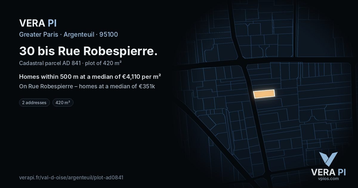 30 bis Rue Robespierre, Argenteuil at night – the plot lit, the parcels around coloured by the prices near them