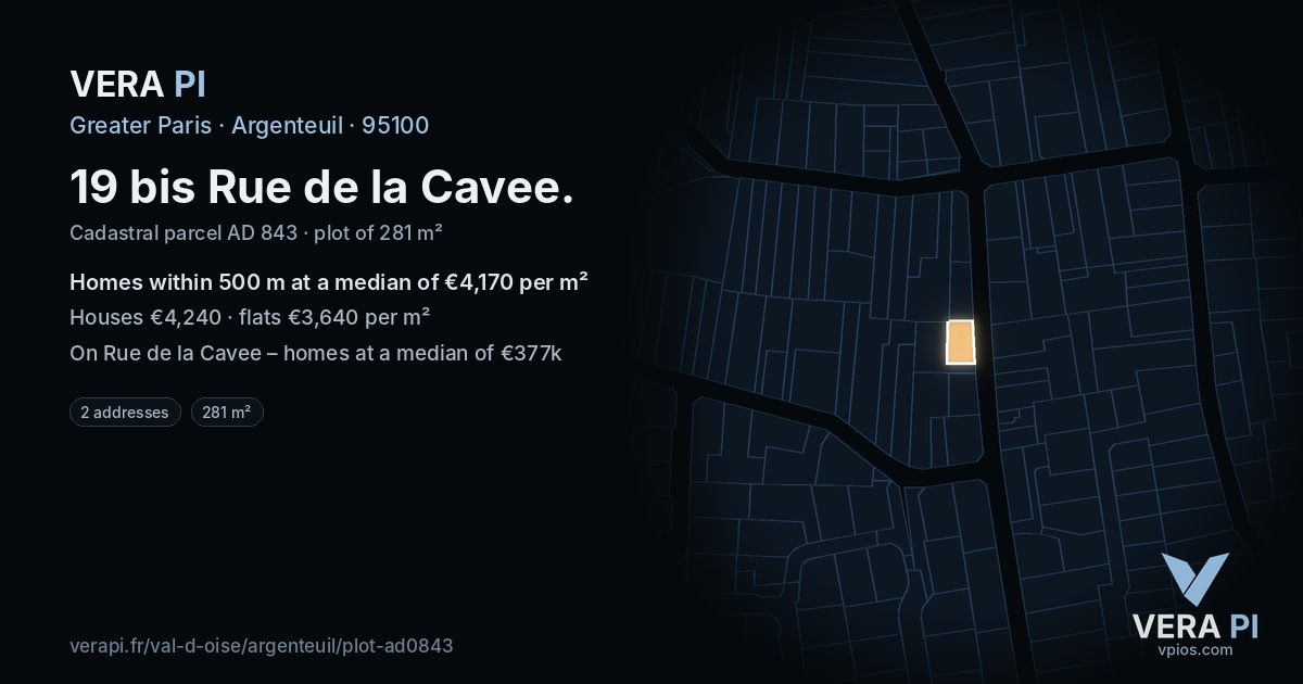 19 bis Rue de la Cavee, Argenteuil at night – the plot lit, the parcels around coloured by the prices near them