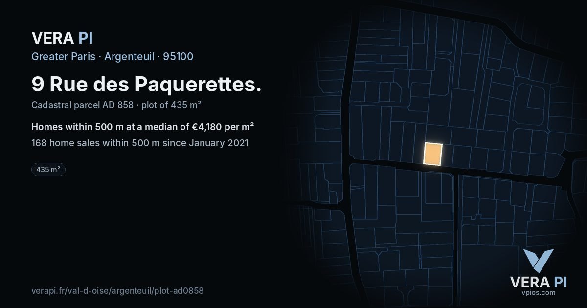 9 Rue des Paquerettes, Argenteuil at night – the plot lit, the parcels around coloured by the prices near them