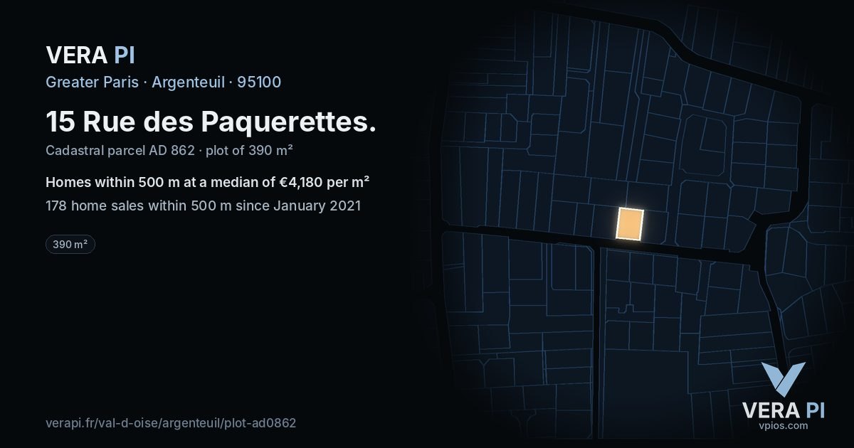 15 Rue des Paquerettes, Argenteuil at night – the plot lit, the parcels around coloured by the prices near them
