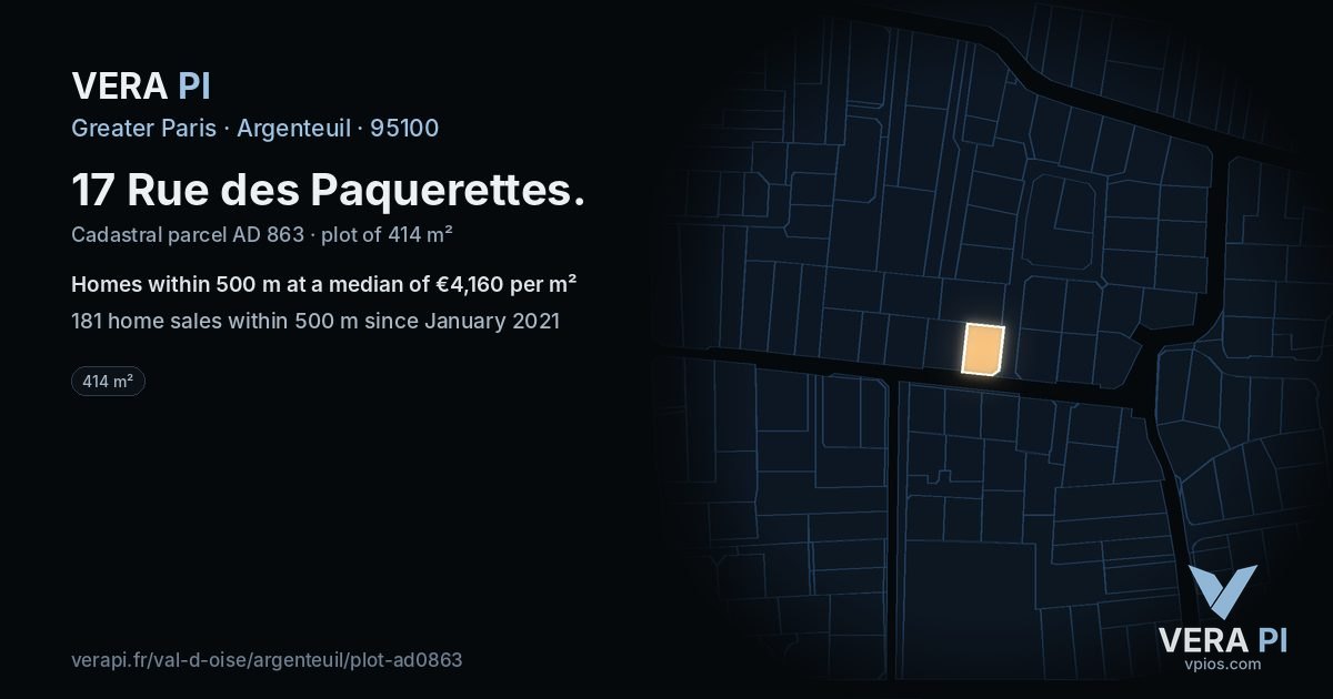 17 Rue des Paquerettes, Argenteuil at night – the plot lit, the parcels around coloured by the prices near them
