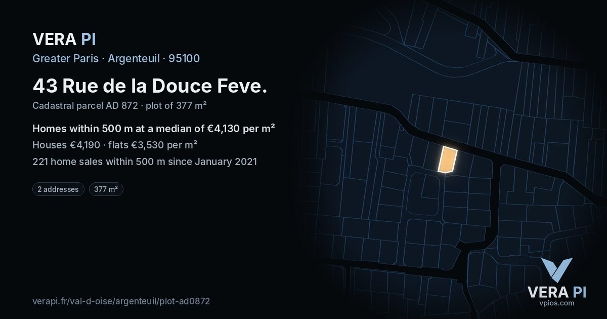 43 Rue de la Douce Feve, Argenteuil at night – the plot lit, the parcels around coloured by the prices near them