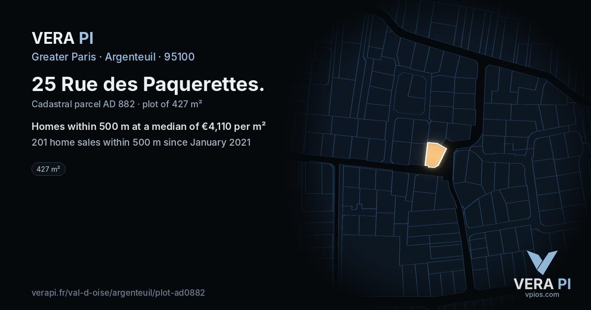 25 Rue des Paquerettes, Argenteuil at night – the plot lit, the parcels around coloured by the prices near them