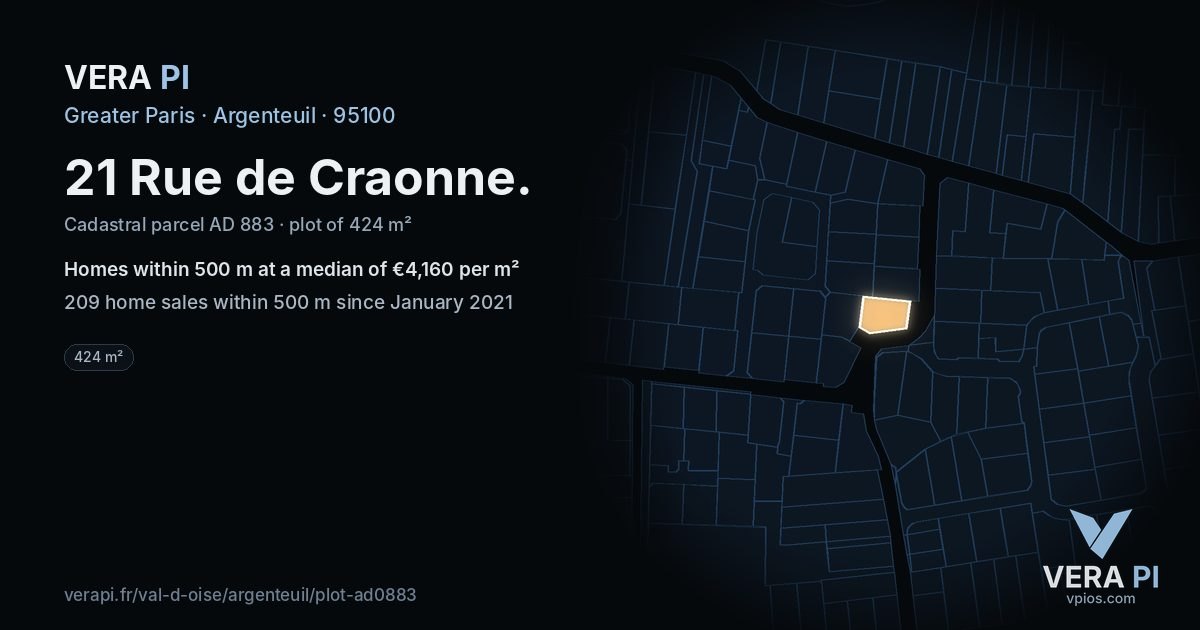 21 Rue de Craonne, Argenteuil at night – the plot lit, the parcels around coloured by the prices near them