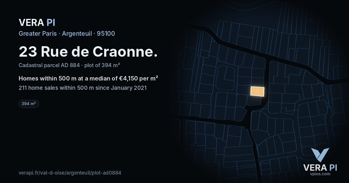 23 Rue de Craonne, Argenteuil at night – the plot lit, the parcels around coloured by the prices near them