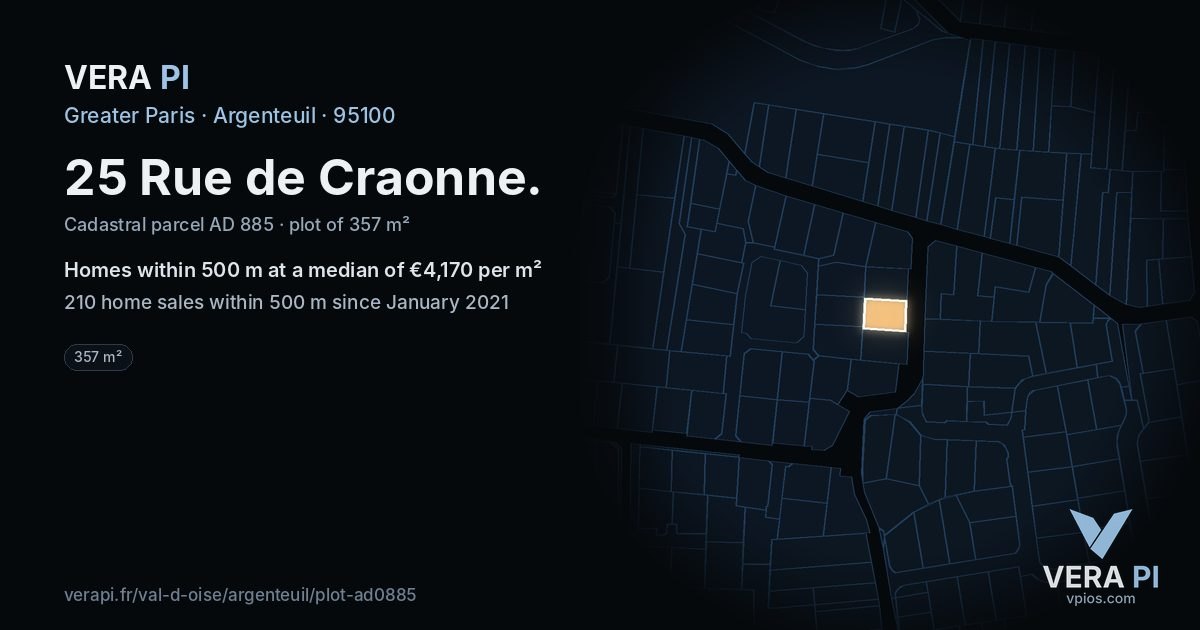 25 Rue de Craonne, Argenteuil at night – the plot lit, the parcels around coloured by the prices near them