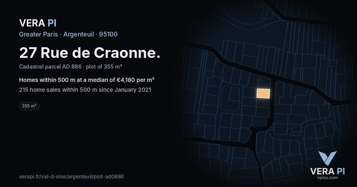 27 Rue de Craonne, Argenteuil at night – the plot lit, the parcels around coloured by the prices near them