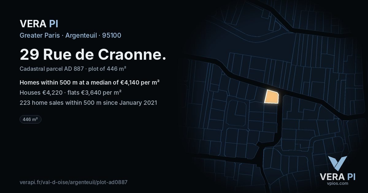 29 Rue de Craonne, Argenteuil at night – the plot lit, the parcels around coloured by the prices near them