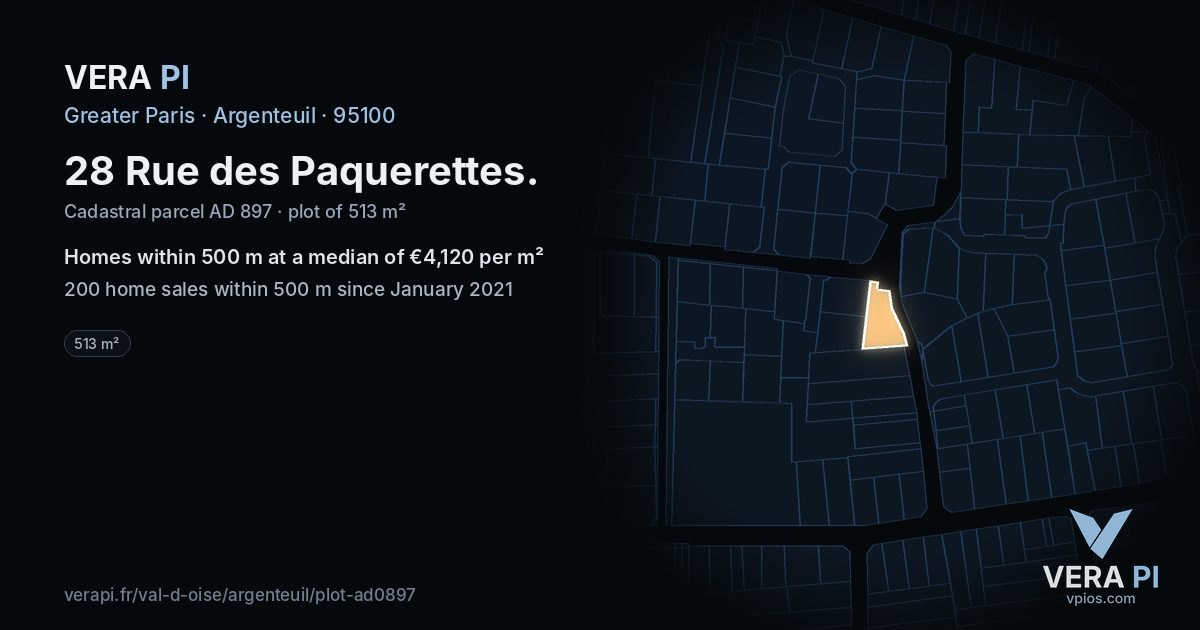 28 Rue des Paquerettes, Argenteuil at night – the plot lit, the parcels around coloured by the prices near them