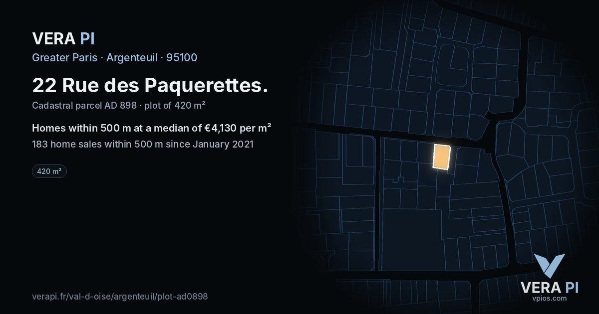 22 Rue des Paquerettes, Argenteuil at night – the plot lit, the parcels around coloured by the prices near them
