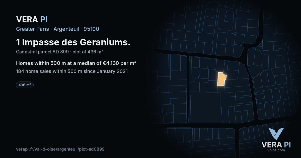 1 Impasse des Geraniums, Argenteuil at night – the plot lit, the parcels around coloured by the prices near them