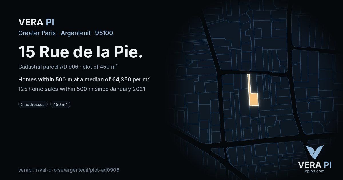 15 Rue de la Pie, Argenteuil at night – the plot lit, the parcels around coloured by the prices near them