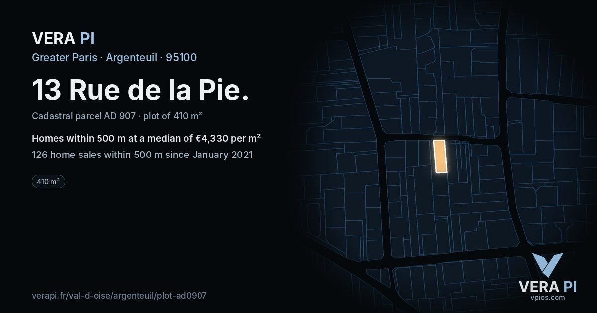 13 Rue de la Pie, Argenteuil at night – the plot lit, the parcels around coloured by the prices near them