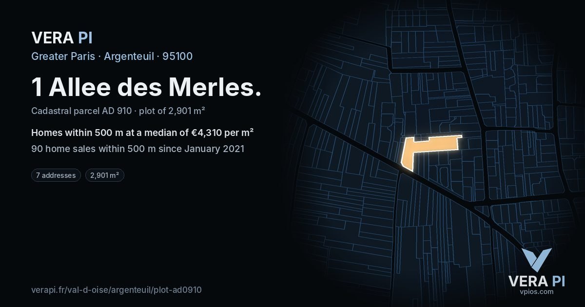 1 Allee des Merles, Argenteuil at night – the plot lit, the parcels around coloured by the prices near them