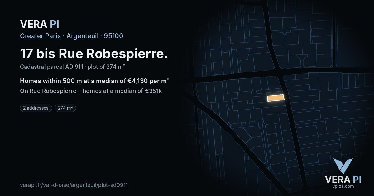 17 bis Rue Robespierre, Argenteuil at night – the plot lit, the parcels around coloured by the prices near them