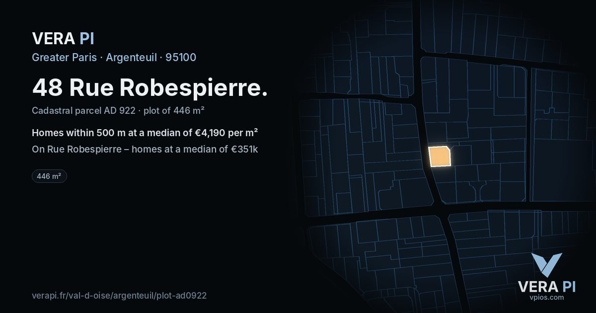 48 Rue Robespierre, Argenteuil at night – the plot lit, the parcels around coloured by the prices near them
