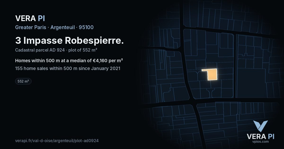 3 Impasse Robespierre, Argenteuil at night – the plot lit, the parcels around coloured by the prices near them
