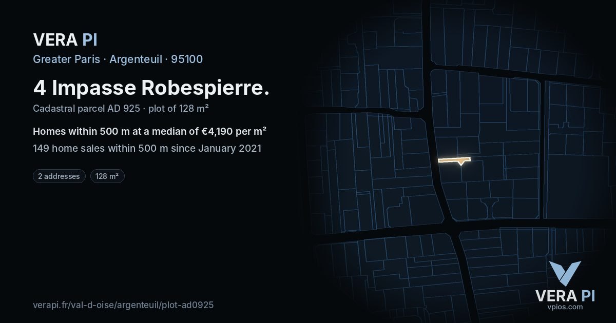4 Impasse Robespierre, Argenteuil at night – the plot lit, the parcels around coloured by the prices near them