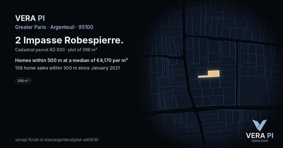 2 Impasse Robespierre, Argenteuil at night – the plot lit, the parcels around coloured by the prices near them