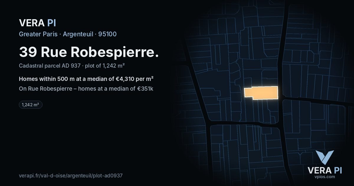 39 Rue Robespierre, Argenteuil at night – the plot lit, the parcels around coloured by the prices near them