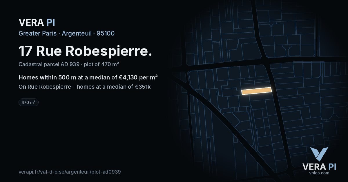 17 Rue Robespierre, Argenteuil at night – the plot lit, the parcels around coloured by the prices near them