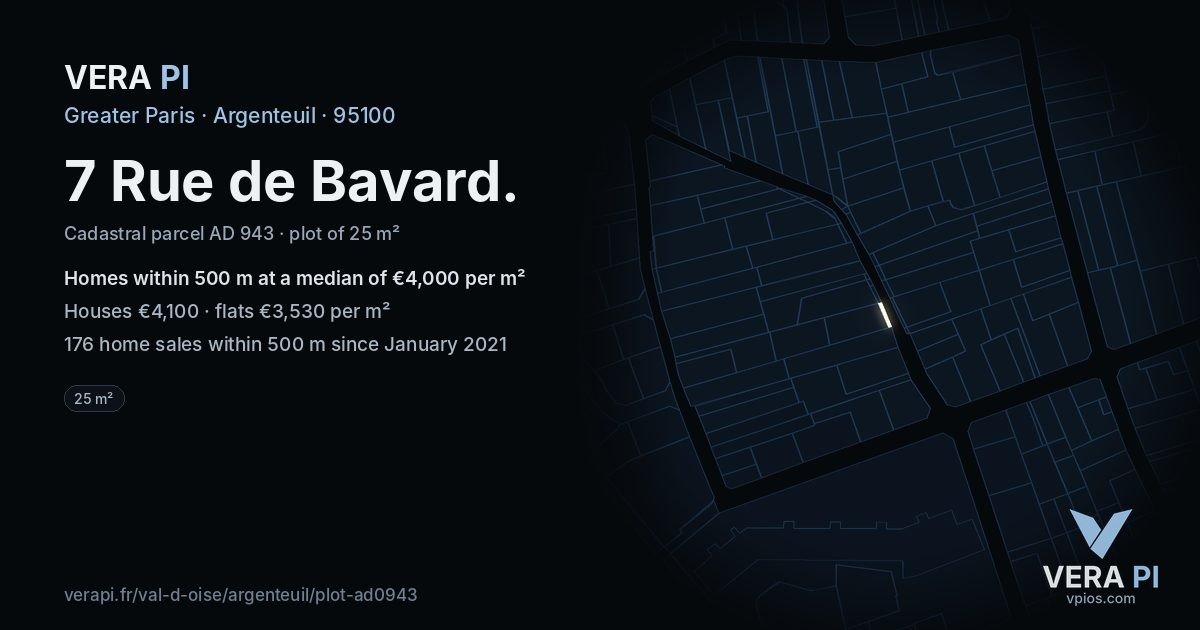 7 Rue de Bavard, Argenteuil at night – the plot lit, the parcels around coloured by the prices near them