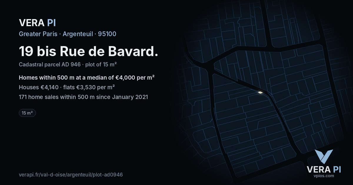 19 bis Rue de Bavard, Argenteuil at night – the plot lit, the parcels around coloured by the prices near them