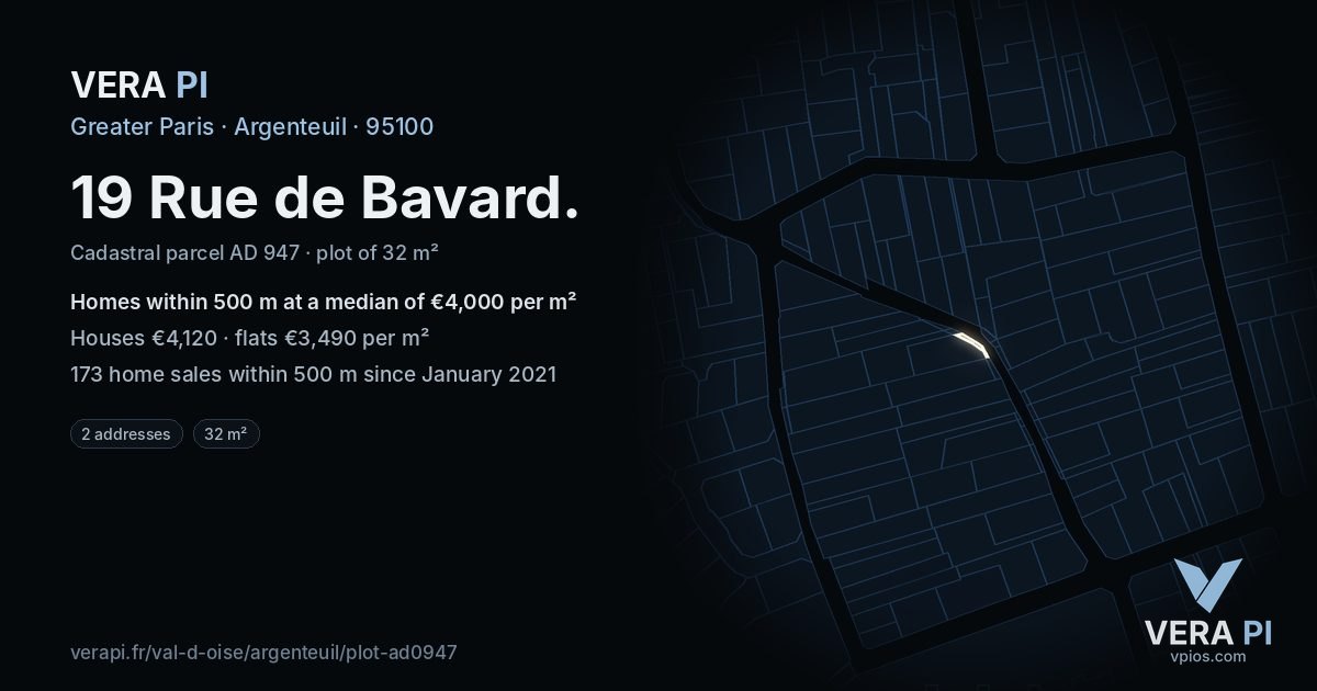 19 Rue de Bavard, Argenteuil at night – the plot lit, the parcels around coloured by the prices near them