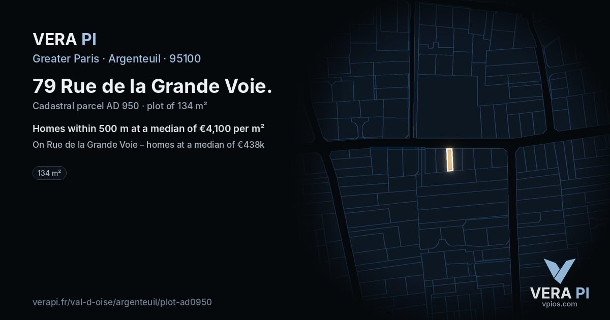 79 Rue de la Grande Voie, Argenteuil at night – the plot lit, the parcels around coloured by the prices near them