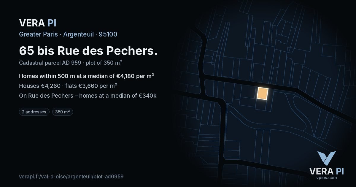 65 bis Rue des Pechers, Argenteuil at night – the plot lit, the parcels around coloured by the prices near them