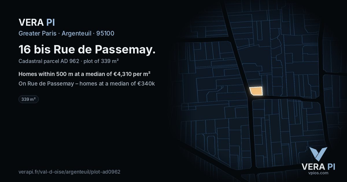 16 bis Rue de Passemay, Argenteuil at night – the plot lit, the parcels around coloured by the prices near them