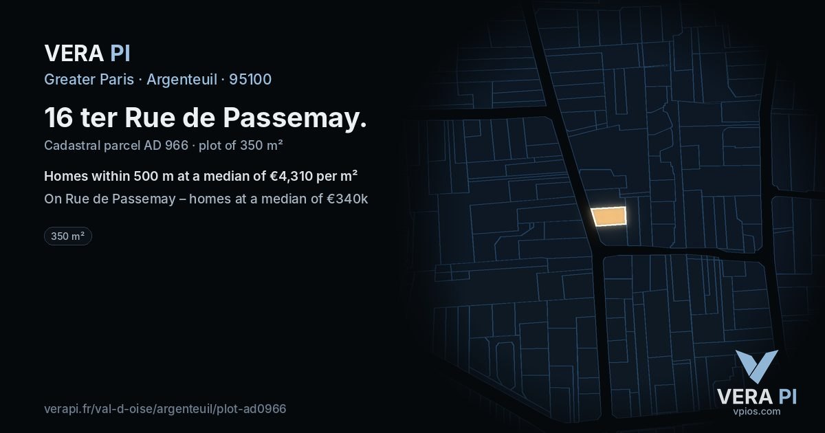 16 ter Rue de Passemay, Argenteuil at night – the plot lit, the parcels around coloured by the prices near them